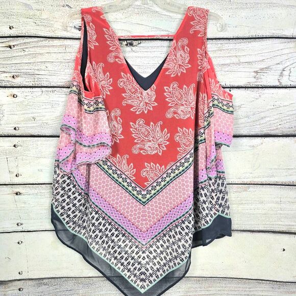 DR2 Coral Boho Print V-Neck Hanky Hem Tank M - Picture 4 of 11
